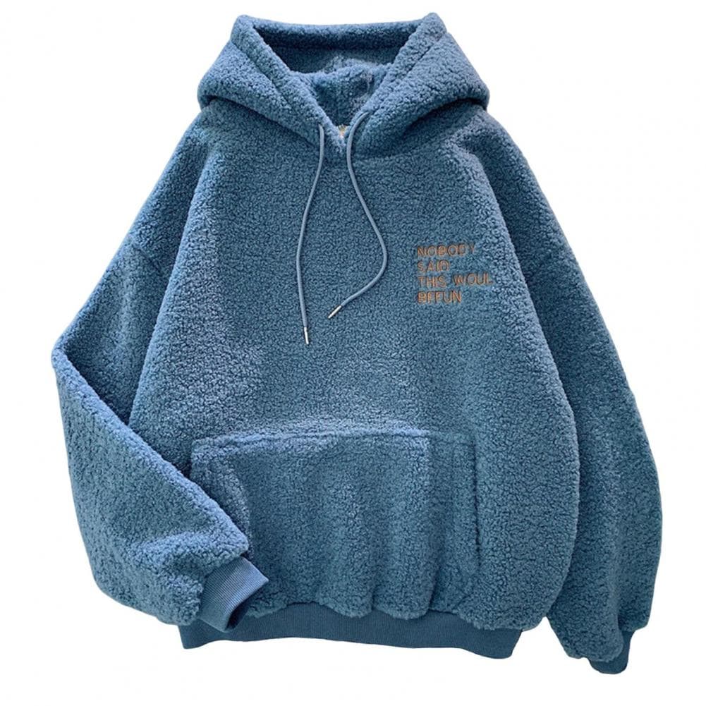 Fall Winter Women Hoodie Drawstring Elastic Cuff Thick Fleece Patch Pocket Loose Long Sleeves Pullover Warm Letter Embroidery To M blue