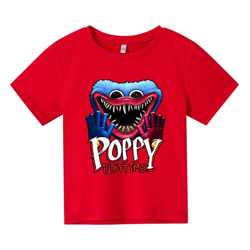 Summner Huggy Wuggy Kids Fashion Round Neck Short Sleeve Streetwear Korean Cartoon Boy Girl Games Kids3-12Y 130 red