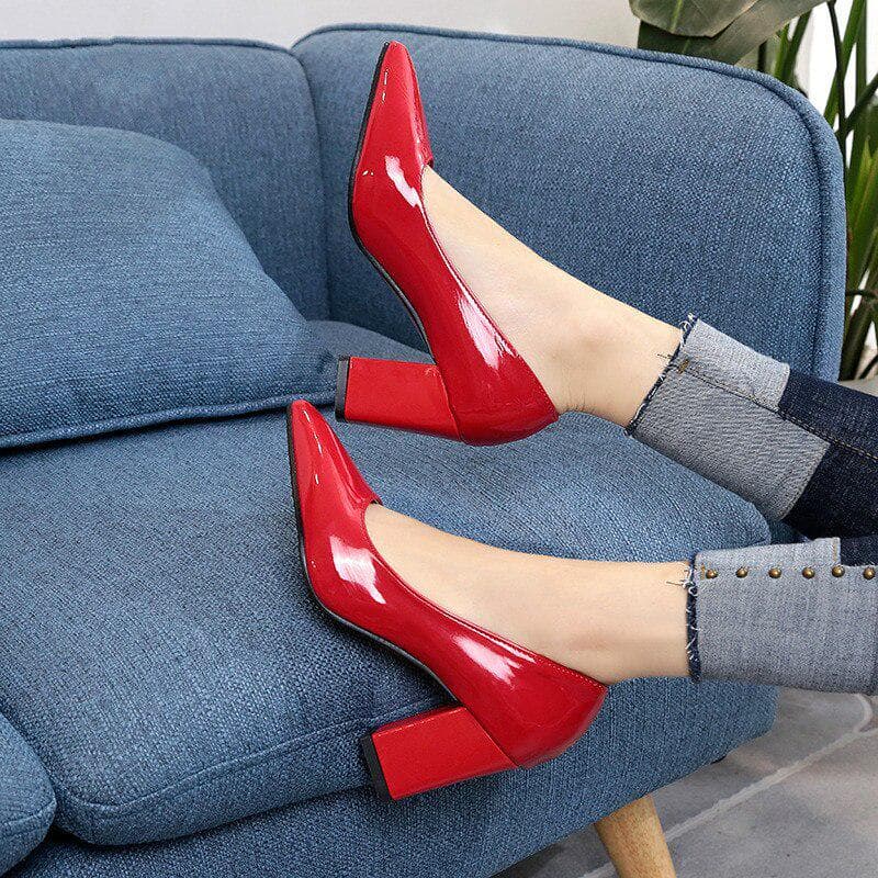 Women High Heels Lady Patent Leather Thick with Autumn Pointed Shoes Female Sandals 38 red