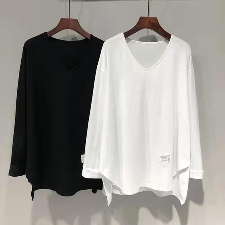 Irregular White Long-sleeved T-shirt for Women's Spring and Autumn Large Size Loose Mid-length Pure Cotton V-neck Base Shirt Underwear M white