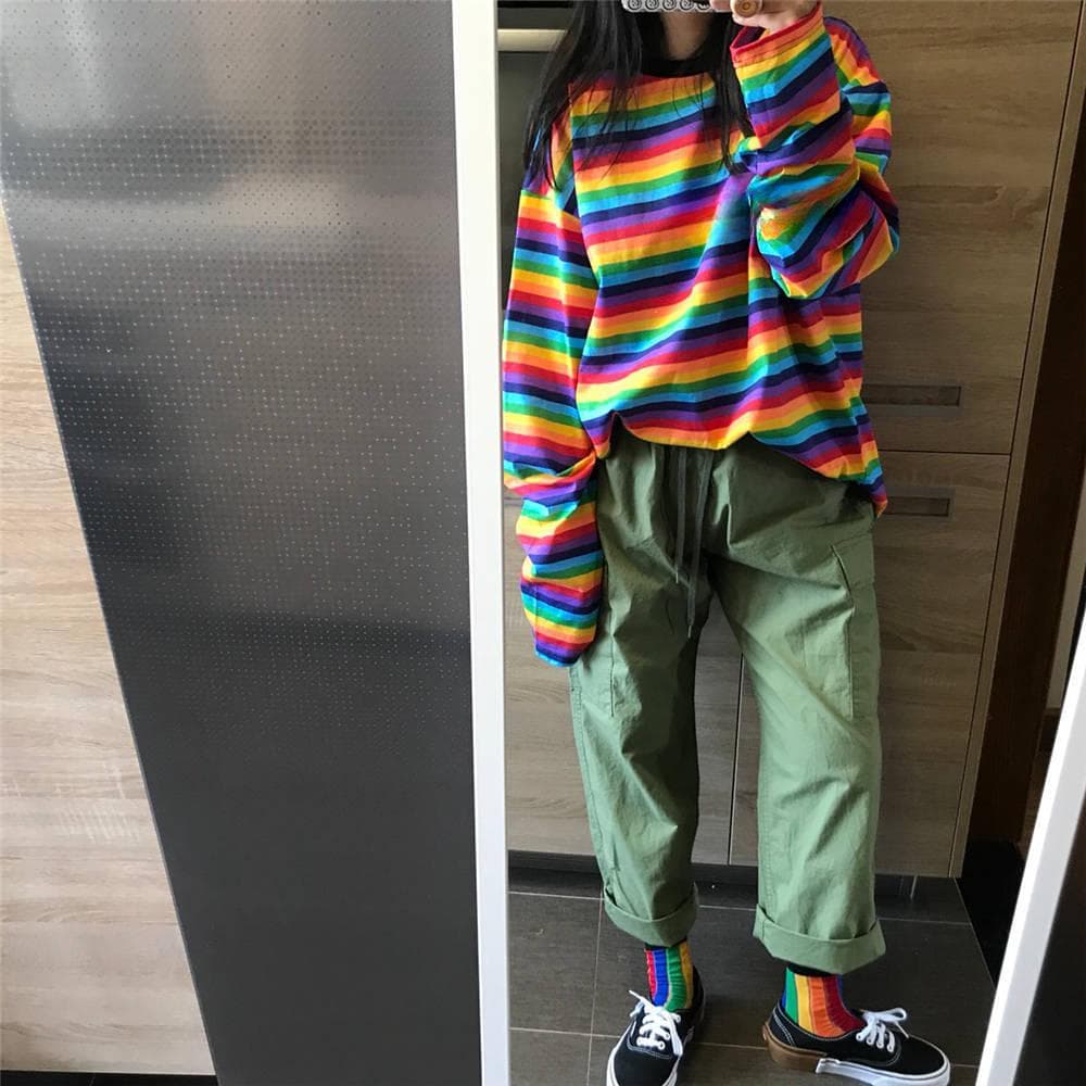 New Rainbow Striped Early Autumn Women's Top Long Sleeve T-shirt Women's Top Korean Version Harajuku Hong Style M