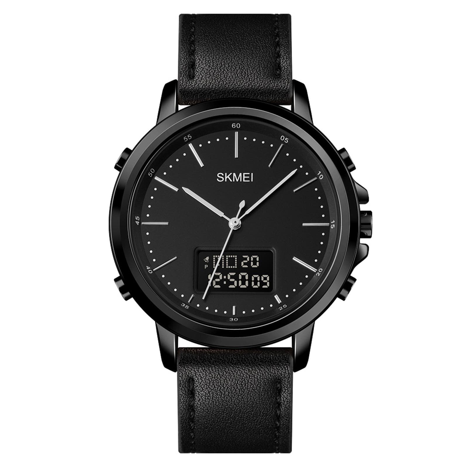 SKMEI Mens Watch Minimalism Analog Digital Watch with Alarm Stopwatch LED Backlight Leather Strap black
