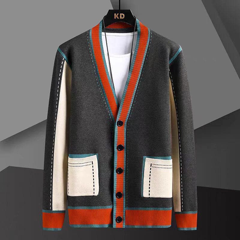 Men's V-Neck Knitted Cardigan - 2024 Spring/Autumn Fashion, Color Block Sweater, Punk Style Jacket XL black