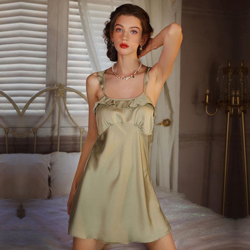 Summer New Female Nighty Robe Set Nightgown Sexy Ruffled Edge Sleepwear Kimono Bathrobe Gown Loose Satin Home Dress Lounge Wear XL