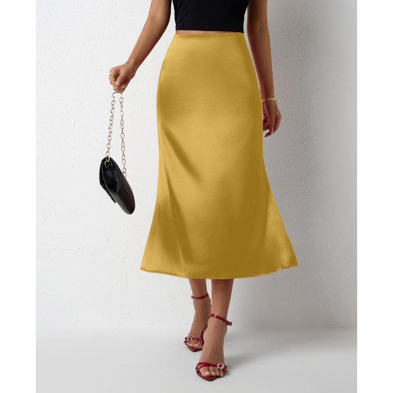 Women's Satin Skirt with Tail Fish Tail for Spring and Summer L lemon yellow