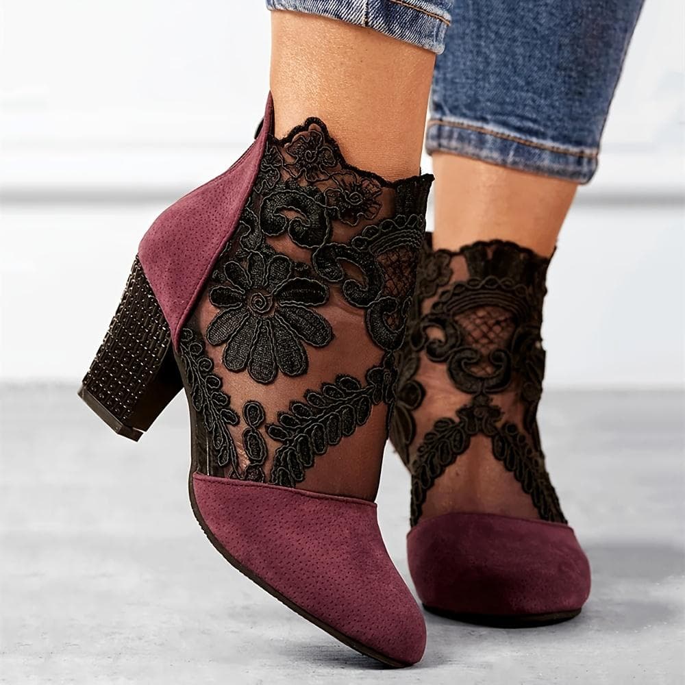Fashionable Women's Floral Lace Ankle Boots with Pointed Toe and Chunky Heel - Versatile High Heeled Boots for Any Occasion 39 burgundy