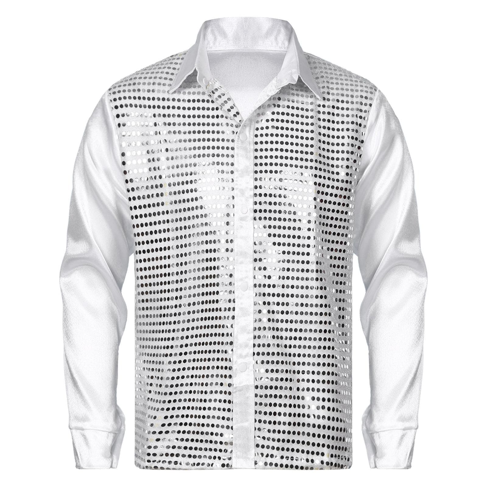 Mens Sequined Latin Dance Shirt Turn-Down Collar Long Sleeve Stage Costume Sparkly Jazz Performance Top M white