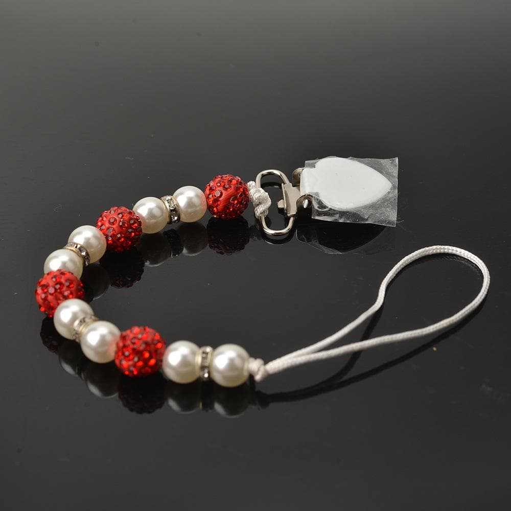Baby Pacifier Clip Chain Infant Nipple Holder Wooden Beaded Crystal Nipple Leash Strap Metal Pacifier Clips Soother Chain A style red