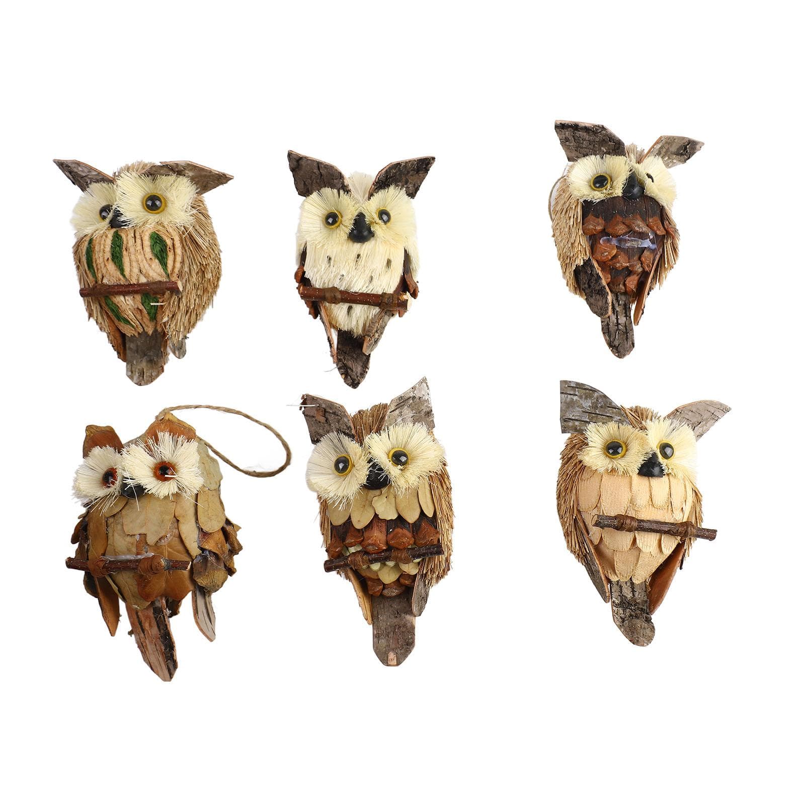 6pcs Hanging Owl Ornaments Rustic Straw Wooden Owl Decoration Hemp Rope Pendant for Home Parties