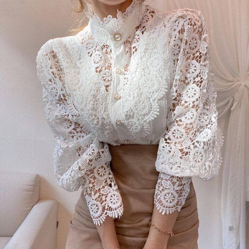 Women Lace Blouses Petal Sleeve Women Blouse Chic Button Hollow Out Flower Lace Patchwork White Shirt Top Female Clothing L white