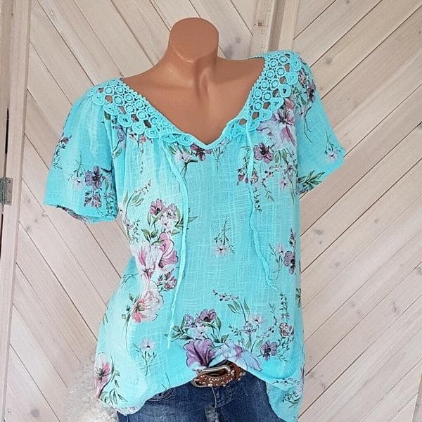 Summer Casual Women's Printed V Neck T Shirt Lace Short Sleeve Top XXXL mint green