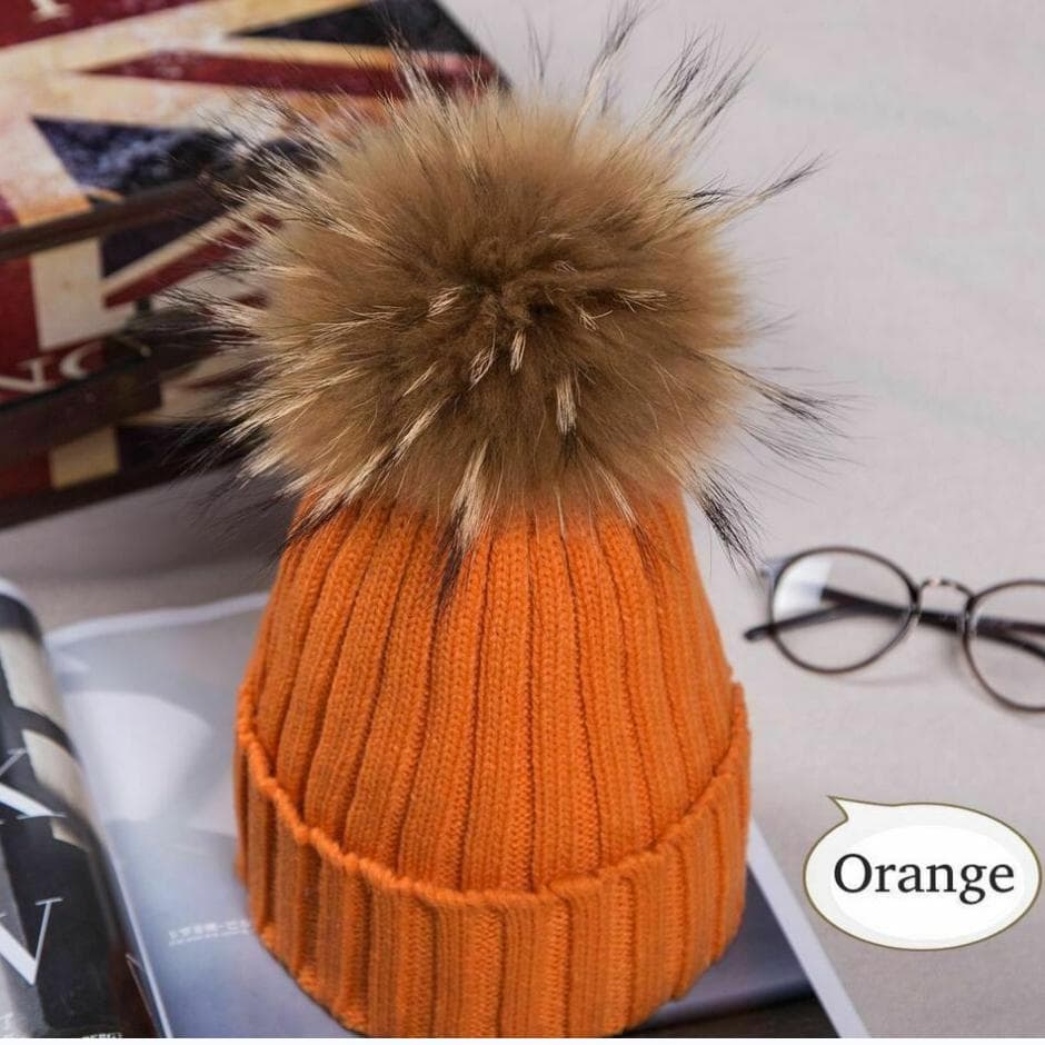2023Hot Women Winter Racoon Fur Pom Pom 15cm Ball Knit Beanie Ski Cap Bobble Hat orange