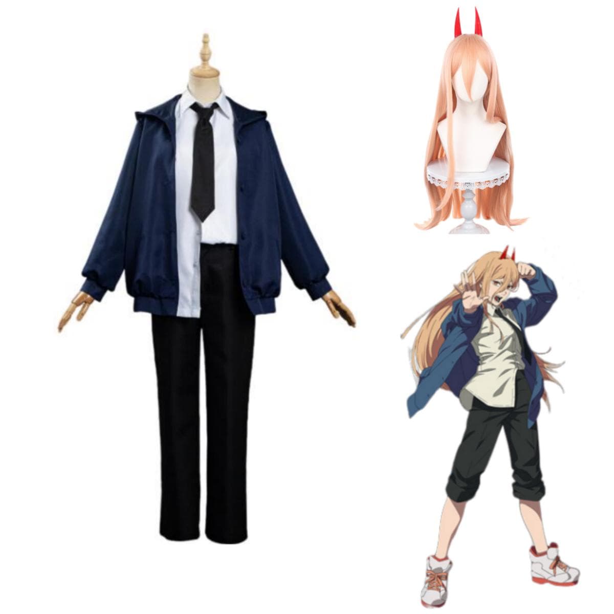 Anime Power Cosplay Chainsaw Man Cosplay Blue Jacket Pants Wig Neutral Uniform Suit Halloween Christmas Party Costume XXL-(Costume+Wig)