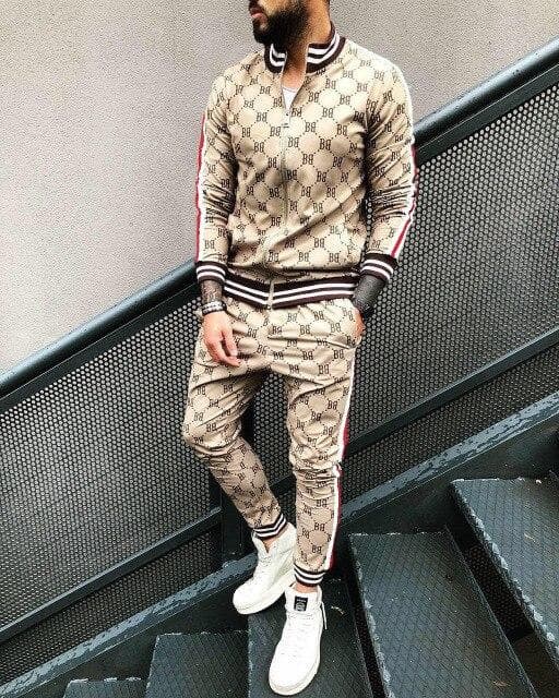 Tracksuit Men Sportsuits Gentlemen Set Zipper jacket suit Long Sleeve stripe Coat+Pants Gyms Men Set Casual Sportswear Suit L tan