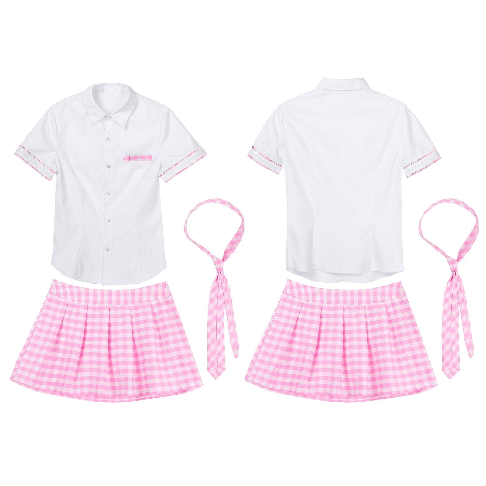 Women School Uniform Cosplay Set Short Sleeve Shirt with Plaid Skirt Costume L pink