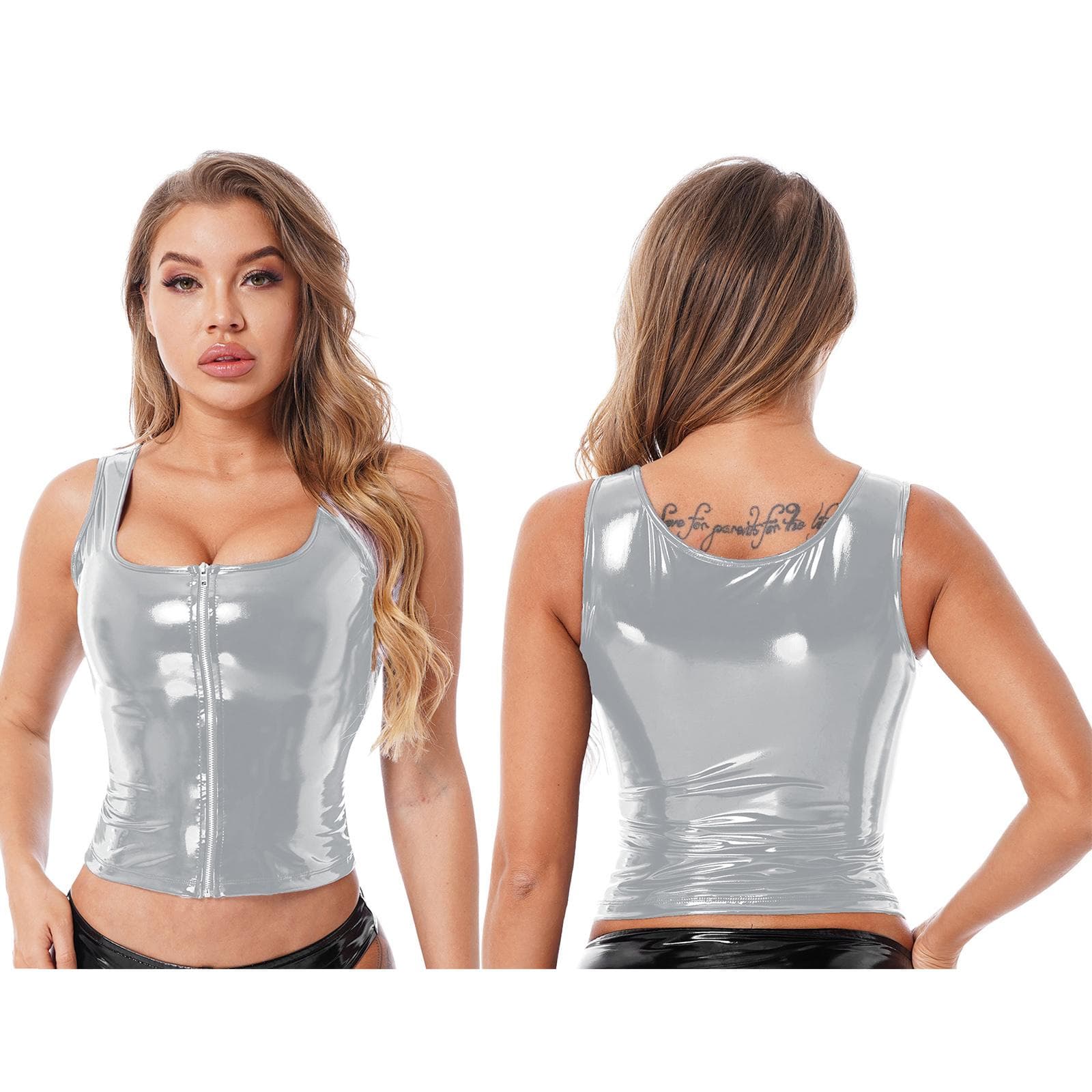 Womens Fashion Zipper Patent Leather Tank Top Wet Look Clubwear Festival Clothing Pole Dance Rave Outfit XL silver