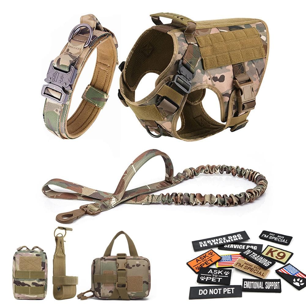 Military Large Dog Harness Collar Leash Bags Patches Set Pet Malinois Training Vests Tactical Dogs Harnesses Accessories M