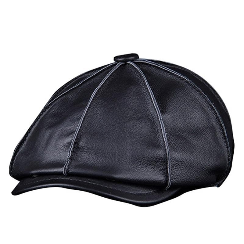 Men's 100%Genuine Cowhide Leather Warm Octagonal Cap Casual Vintage Newsboy Cap XXL black