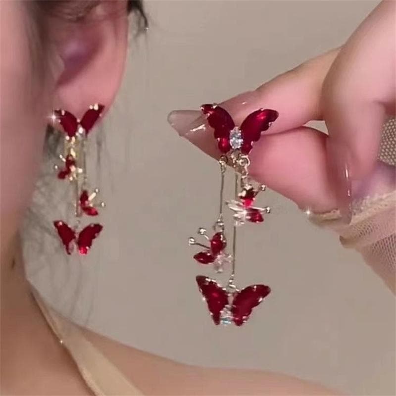 Vintage Shiny Crystal Butterfly Tassel Drop Earrings for Women Light Luxury Zircon Flower Earrings Wedding Party Jewelry Gift