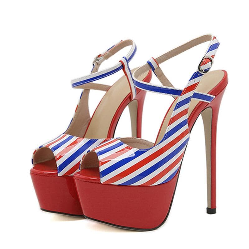 Liyke Summer Fashion Striped Ankle Strap Women Sexy 16CM Fetish Sandal Platform High Heels Wedding Banquet Shoes Stilettos Mujer 35 red