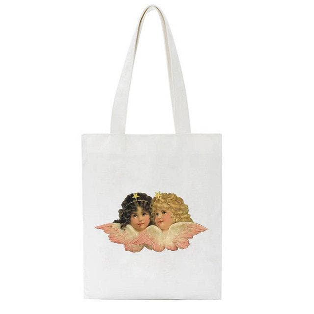 Fiorucci Letter Angel Cartoon Casual Vintage Large-capacity Fashion Harajuku Canvas Bag Hip Hop Shopping Bag Women Shoulder Bags 34*42cm
