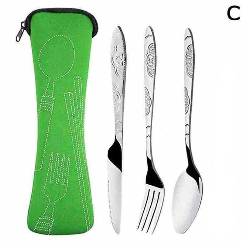 3Pcs Steel Knifes Fork Spoon Set Family Travel Camping Cutlery Eyeful Four-piece Dinnerware Set with Case green