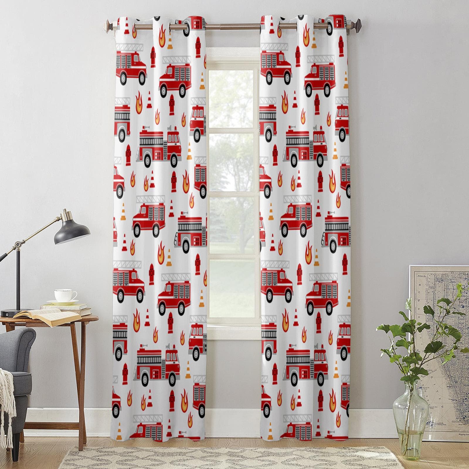 Cartoon Fire Truck Window Curtains for Living Room Bedroom Curtain Modern Kitchen Blinds Drapes Curtains 135W x 215H(cm) x1