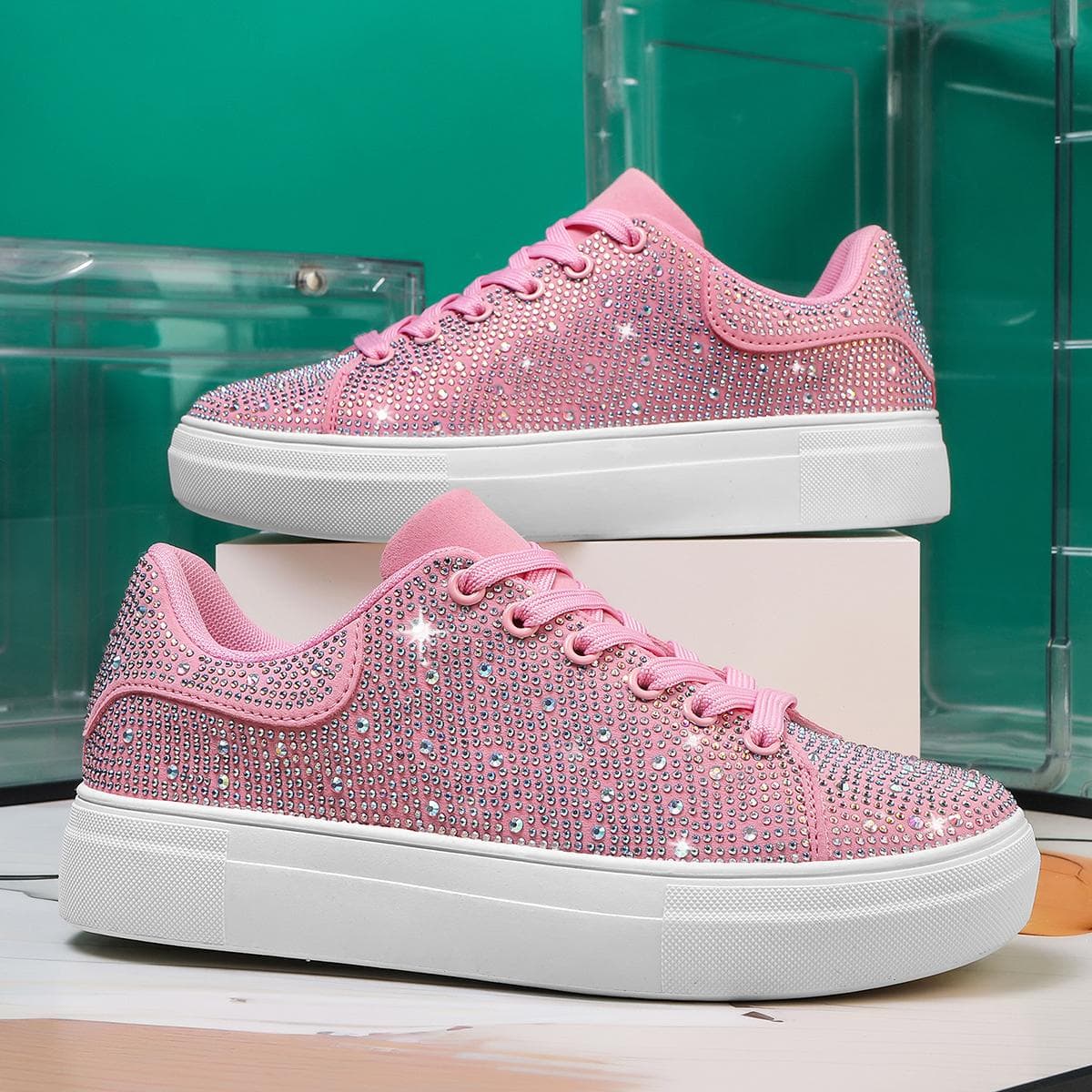 TUINANLE Women Platform Shoes Rhinestones Thick-soled Pink Designer Shoes Shining Crystal Sneakers Trend Casual Sneakers 41 pink