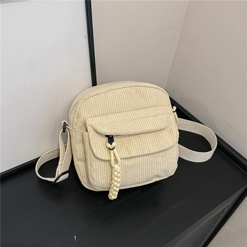 Simple Versatile Crossbody Bag Fashionable Casual Small Square Bag Personalized Commuting Shoulder Bag Corduroy Unisex Trend 20x8x18cm white