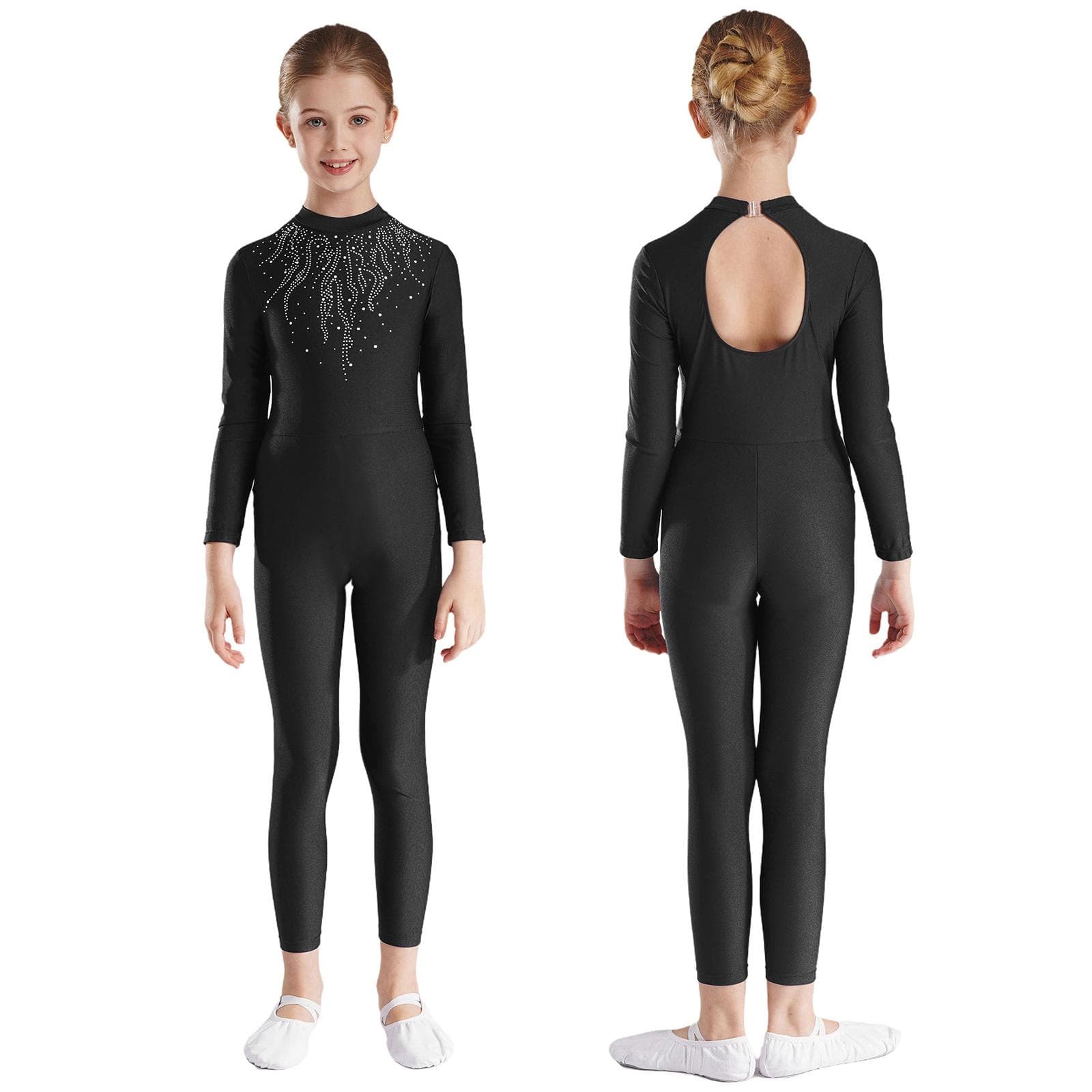 Girls Rhinestones Decor Long Sleeve Jumpsuit for Ballet Gymnastics Acrobatics Yoga Workout Full Body Stretch Figure Skating Unitard 13-14 Years black