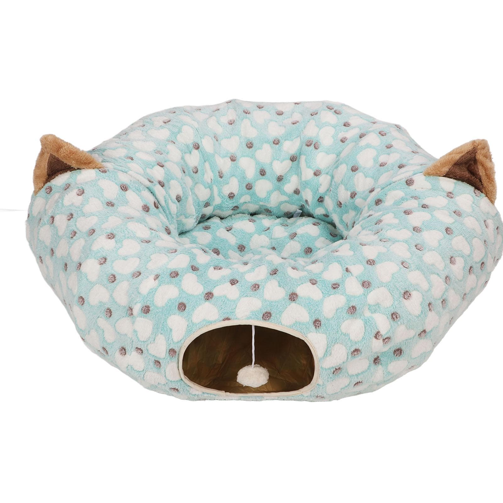 Cat Tunnel Bed with Mat Heart Pattern Round Collapsible 3 Way Cat Tube Bed with Play Ball for Cat