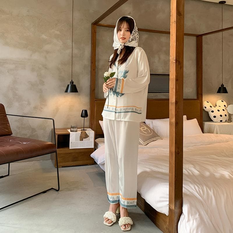 Spring and Autumn Ice Silk Pajamas Women's Thin Satin Long Sleeve Pants Two-piece Set XL