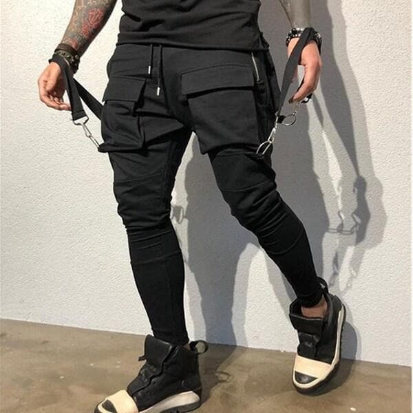 Side Zipper Pockets Ribbons Men's Jogger Trousers Cotton Hip Hop Streetwear Sweatpants Pencil Pants XXXL black