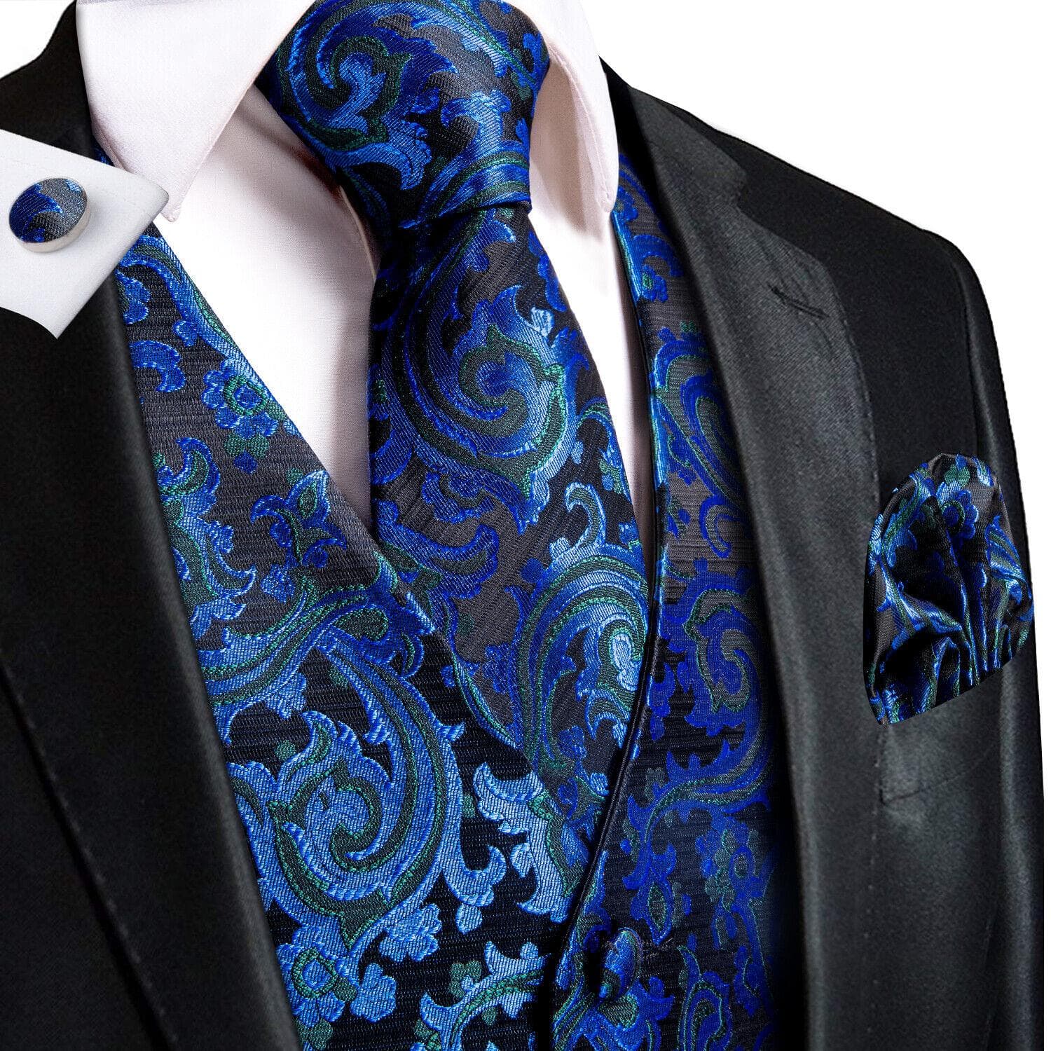Hi-Tie Mens Waistcoat Silk Paisley Floral Tie Handkerchief Cufflinks SET Formal L