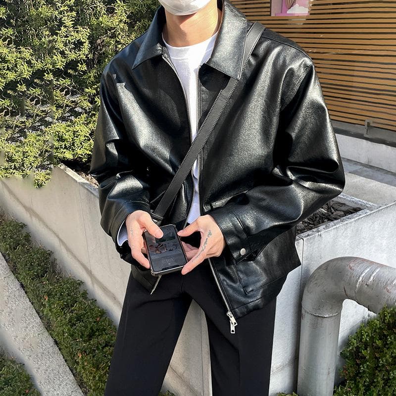 Leather Jacket Men's Spring New Short Top Korean Style Loose Motorcycle Lapel Leather Jacket Jacket L