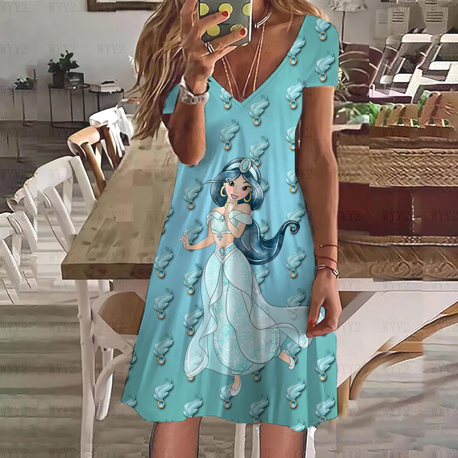 Ladies Dress Printed V Neck Short Sleeves Casual Cartoon Dress Simple Fashion Street Style Ladies Clothing 3XL