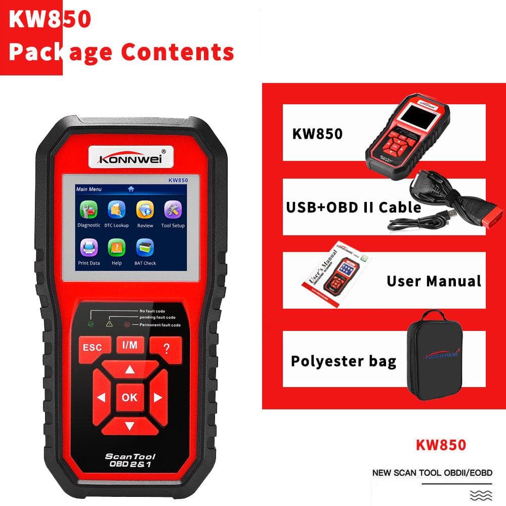 KONNWEI OBDII Scanner Code Reader (KW850) Professional OBDII Anto Scanner Car Diagnostic Check red