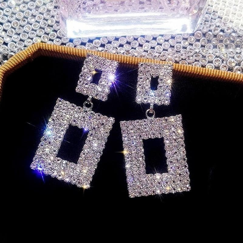 Shiny Geometric Hollow Square Inlaid Zircon Drop Earrings For Women silver