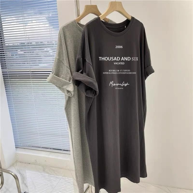 Short-sleeved Dresses Women's Summer Plus Size Medium-length T-shirt Dress Knee-length Casual Long Dress 2XL dark gray