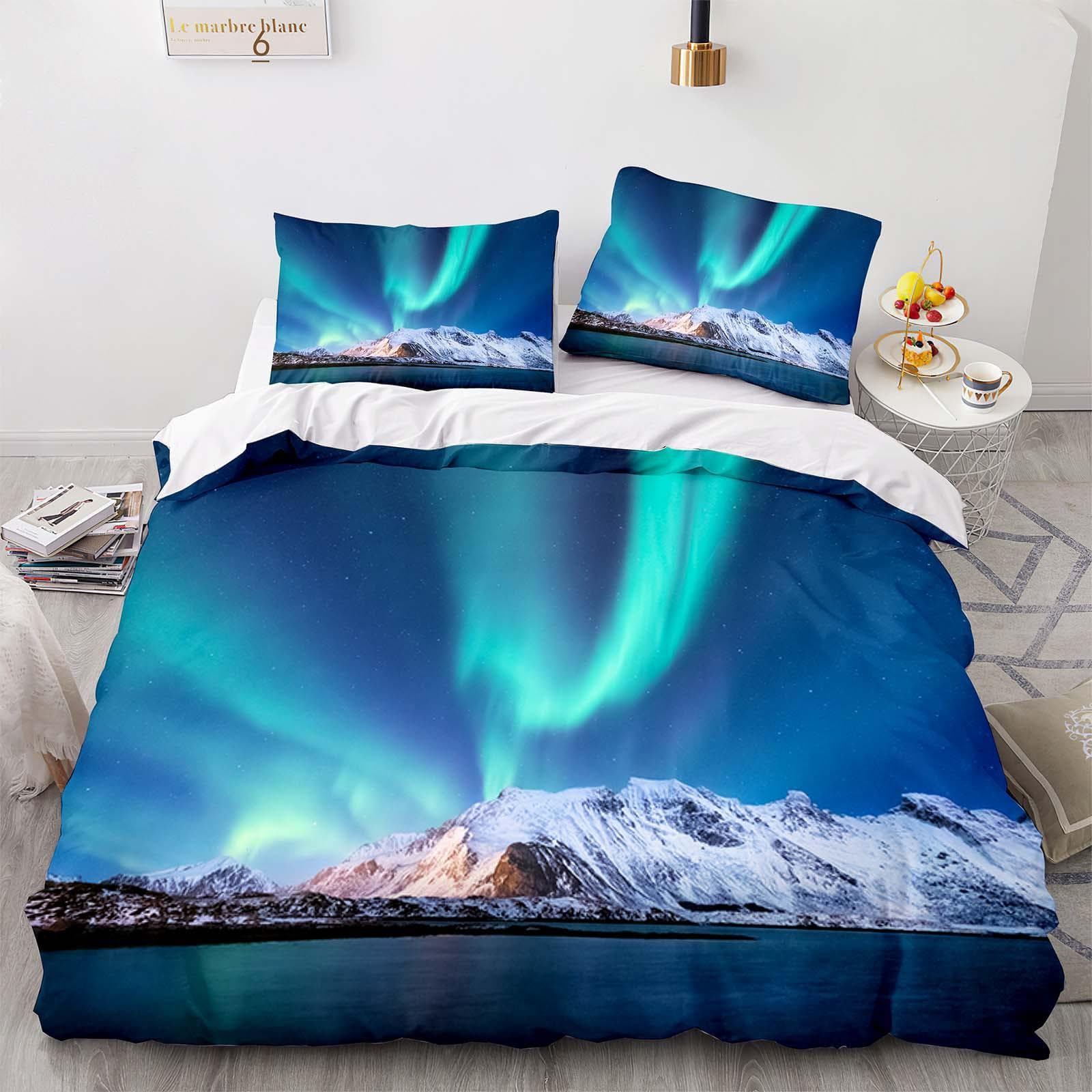 Mountain Aurora Bedding Set Romantic Galaxy Landscape Bedclothes Single Double Queen Twin Full Size Duvet Cover Women Bed Linen EU King(240x220cm)