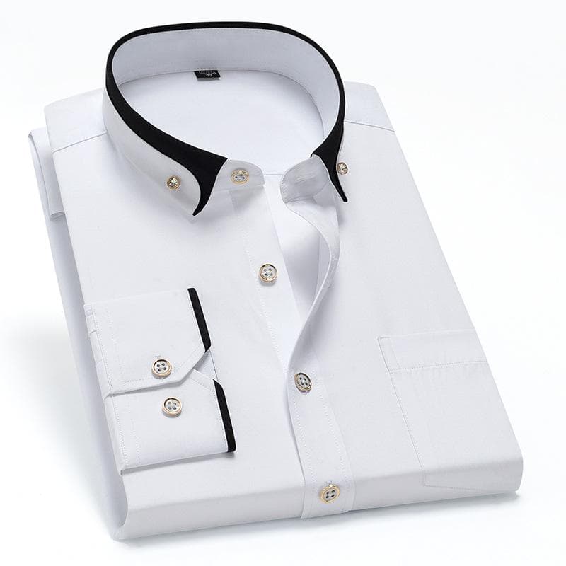 Spring Autumn Men's Contrast Collar Elastic Long Sleeve Shirt Business Leisure Comfortable Non Iron Shirt Youth Solid Color Top 39 white