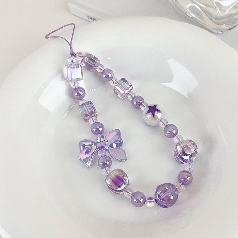 Sweet Cute Candy Bow Beaded Mobile Phone Chain Charm Women Bagbag Cell Phone Case Anti-loss Lanyard Jewelry purple