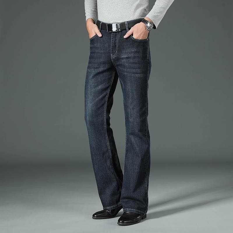 Mens Flared Jeans Boot Cut Leg Flared Male Designer Classic Denim Jeans High Waist Stretch Loose Flared Denim Elastic Jeans 34 dark blue