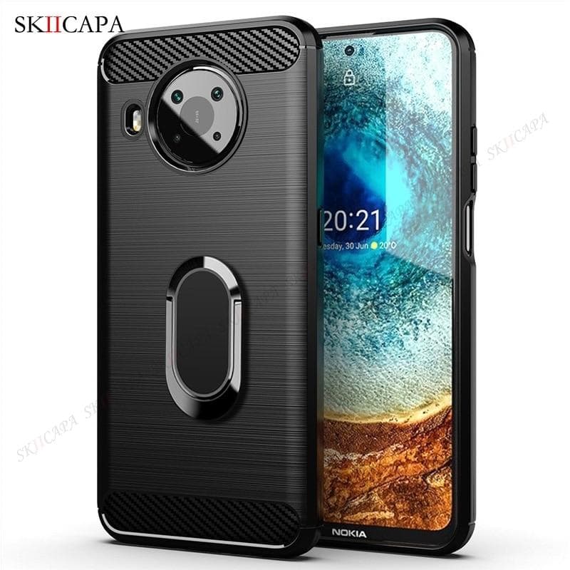 Brushed Carbon Fiber Shockproof Phone Case for Nokia X10 X20 G10 G20 5.4 3.4 2.4 1.3 8.3 5G Magnetic Ring Stand Soft Silicone Phone Protective Cover For Nokia X20 black