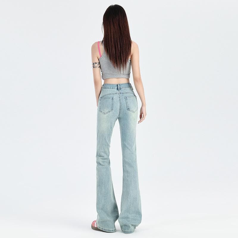 High Waist and Thin Elastic Flared Pants for Women's Autumn, Light Blue, Slightly Pulled Jeans for Women's Autumn. XL