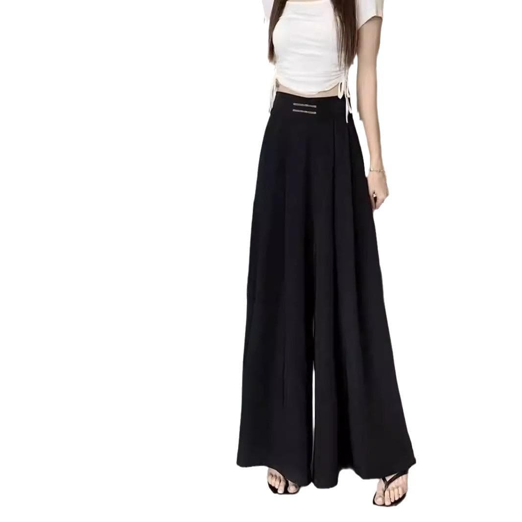 Summer and autumn buckle high waist drooping feeling wide legs drooping feeling waist covering belly long skirt pants 3XL black