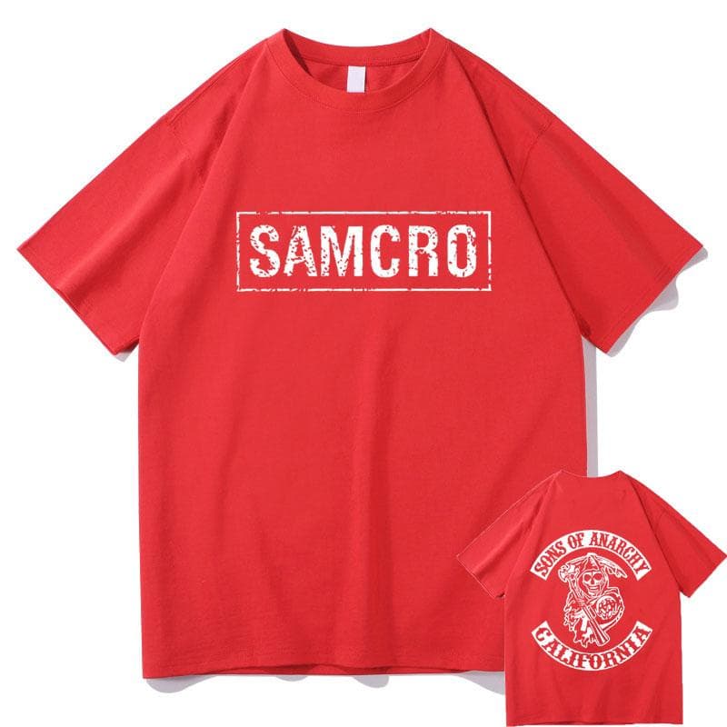 Sons of Anarchy SAMCRO Double Sided Print Tshirt Men Womnen Fashion Hip Hop Rock Tees Short Sleeve Summer Cotton T Shirts Tops M red