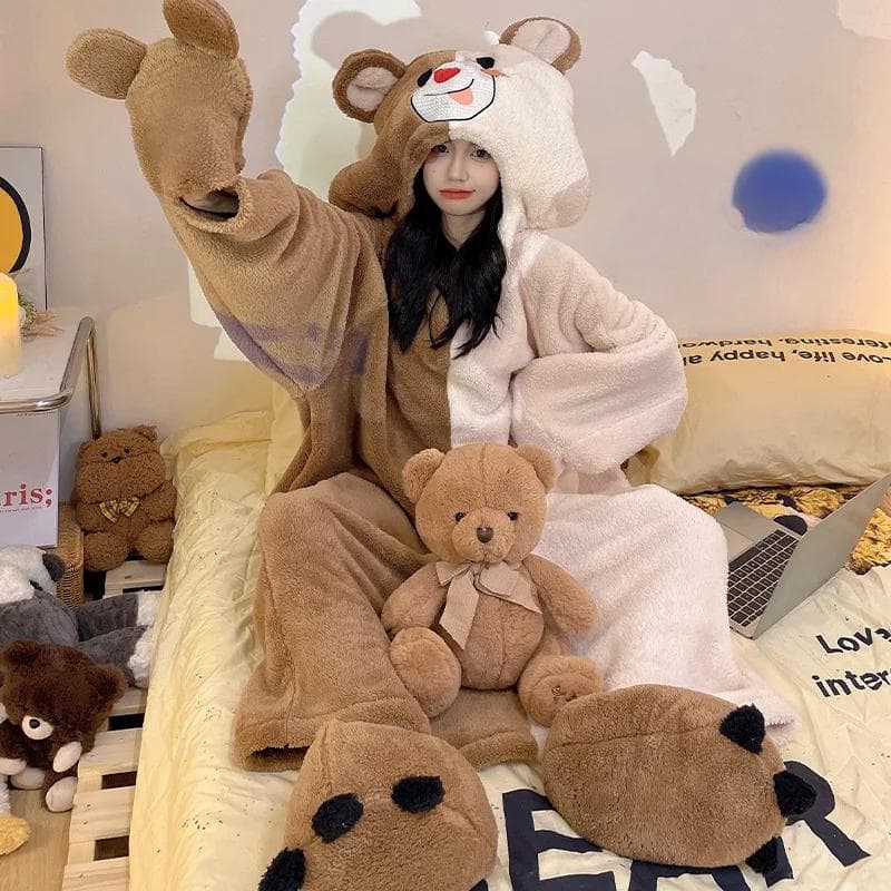 Winter Flannel Nightgown Hooded Warm Pajamas Bathrobe Kawaii Clothes Pajamas Extra Large Thickened Home Wear Korean Style Nightgown M