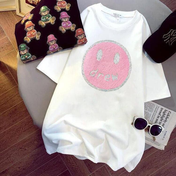 Heavy Industry Iron Diamond Smiling Cotton Top for Women's Spring and Summer New Loose Large Size Medium-Length Short-Sleeved T-Shirt XXXL white