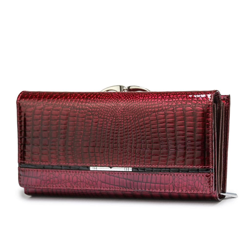 Women's genuine leather wallet, patent leather women's handbag design, luxury handbag, crocodile pattern cowhide wallet burgundy